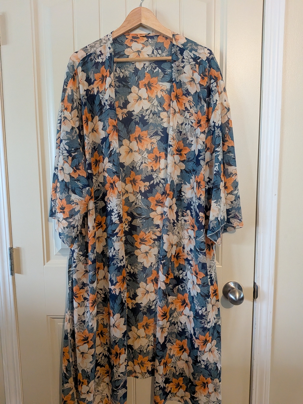 NWOT Floral Sheer Kimono Duster in Smokey Teal, Peach & Cream